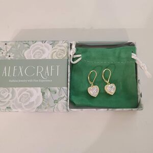 925 Sterling 14K Gold Plated Heart Cubic Zirconia Dangle Earrings